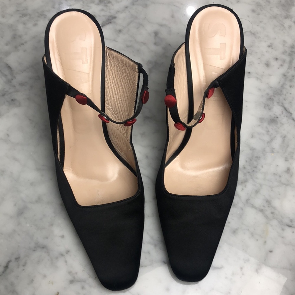 STAUD satin w/ bottons trim Elegant Black Slingback Heels Size 41 - Picture 2 of 11